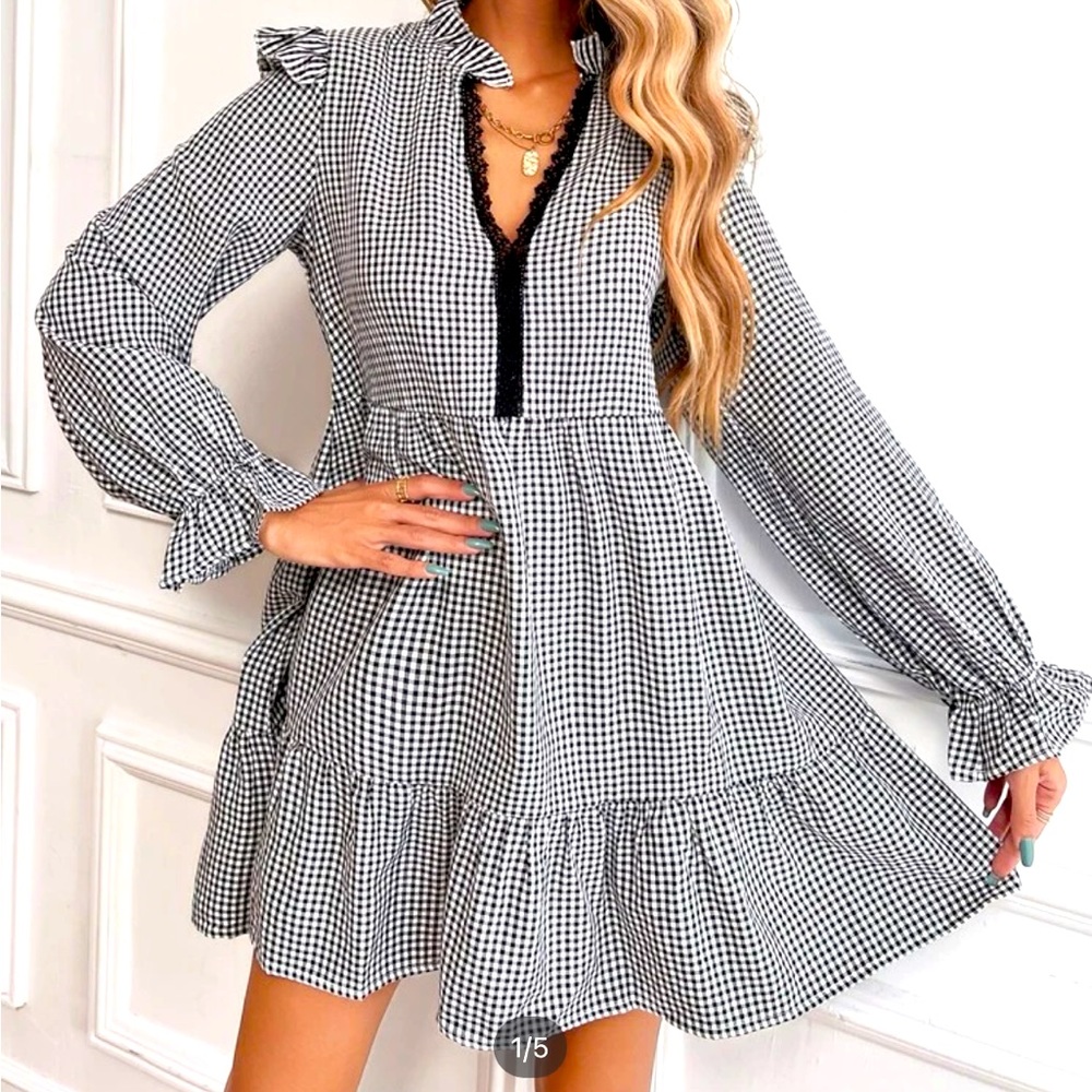 Gingham Trim Flounce Sleeve Dress